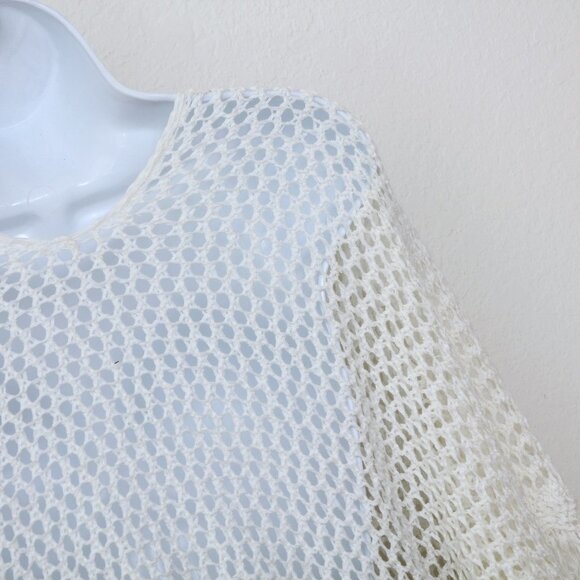 Dreamers by Debut Open Knit Fringe V Neck Poncho White Women Size S/M - Picture 6 of 9